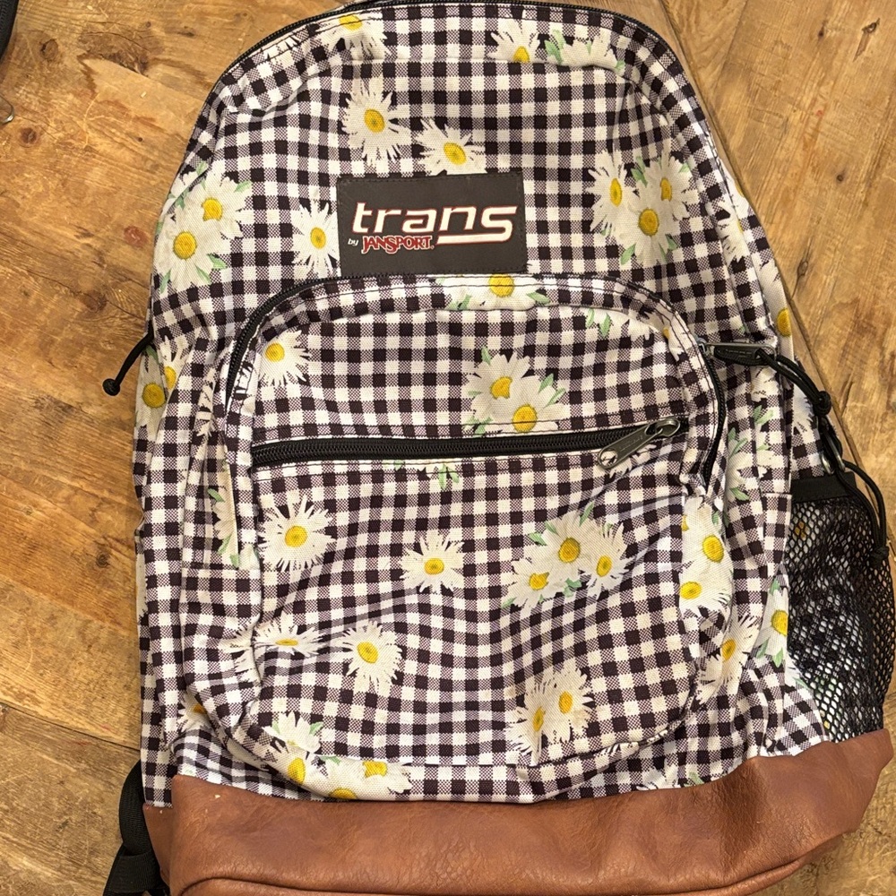 Jansport Black and White Checkered Backpack with Daisies